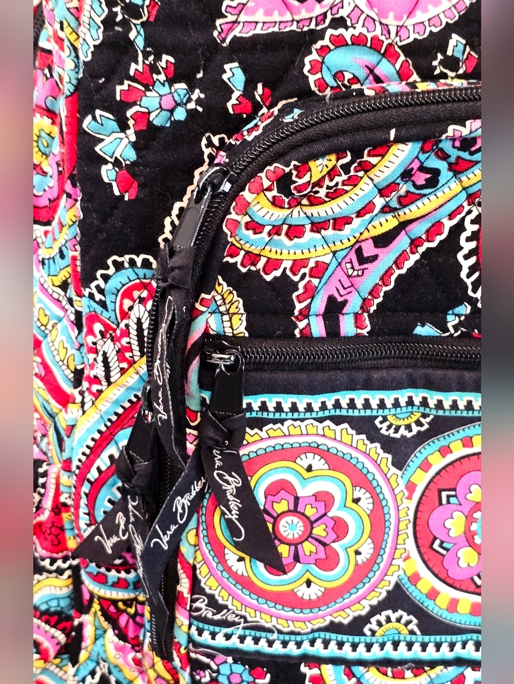 Vera Bradley Paisley Backpack Black Pink Blue Travel School Bag Quilted Cotton - Picture 2 of 14